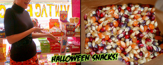 traditional Halloween snacks: candy and carmel popcorn balls